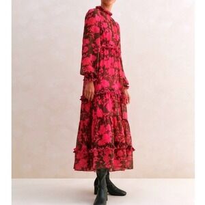 ME+EM Red Scribbled Flower Ruffle Sheer Maxi Dress Women 4 Romantic Cottagecore